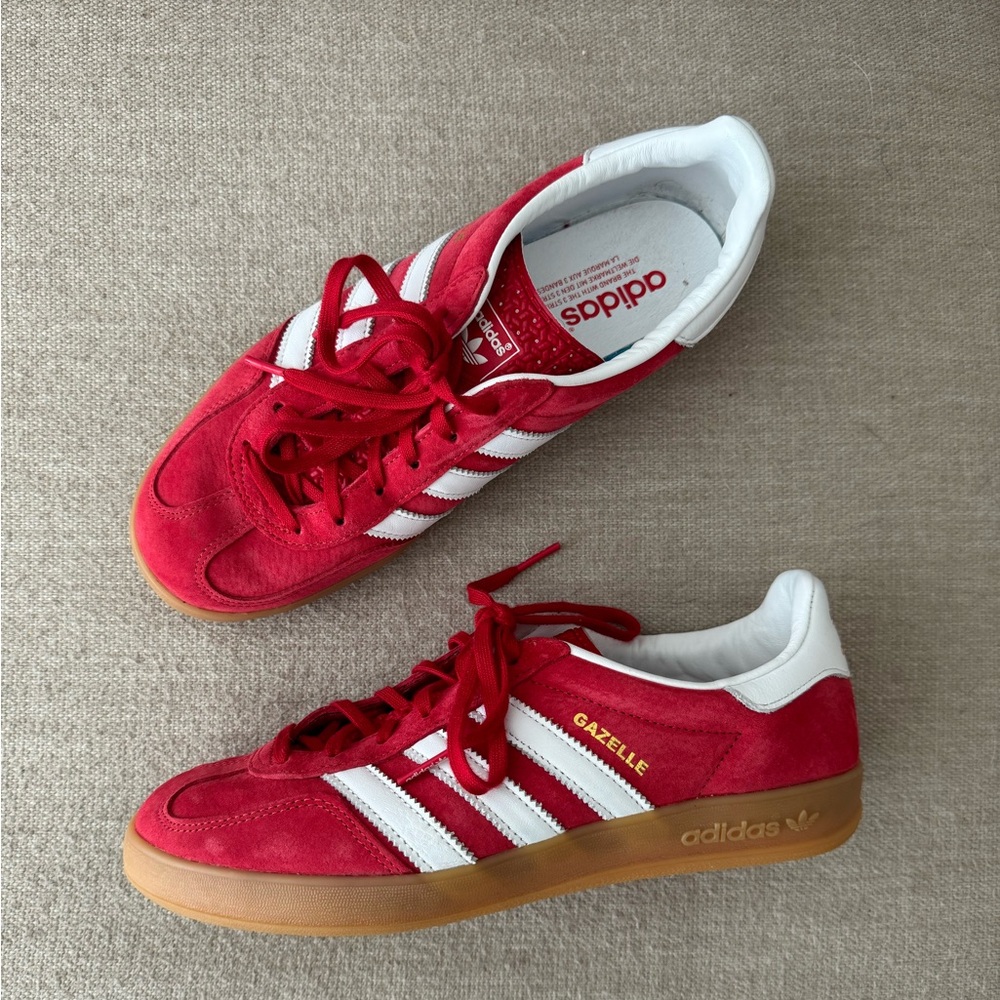 Adidas Gazelle, Scarlet and White with Gum Soles. Size 7 M or 9 W.